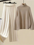 Warm 3 Piece Sets Womens Outfits Office Ladies Turtleneck Knitted Sweater+woolen Parkas Vest+wide Leg Knitting Pants