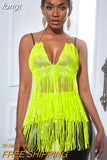 Women New Solid Tassel Sexy Two Piece Set Rhinestone V Neck Sleeveless Halter Backless Top Camis Hollow Out Party Mini
