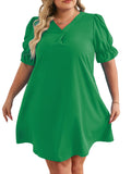 Independent Station Spring And Summer New V-Collar Short-Sleeved Solid Color Large-Size Dress-Outfit
