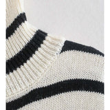 Women Fashion Chic Striped Oversized Knit Sweater Top Long Sleeves High Neck Casual Woman Knitted Sweaters