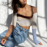Knitted Long Sleeve Crop Top Women Beach Autumn Summer Patchwork Vintage Green Casual T Shirts Sexy