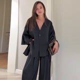 Fongt New Women's V-Neck Casual Fashion Temperament Long-Sleeved Trousers Set