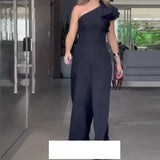 Fongt Summer New Fashion Inclined Shoulder Collar Waist Solid Color Wide Leg Jumpsuit Woman-Outfit