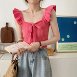 Fongt Care Machine Sling Women's Summer New Vest Solid Color Bow Tie With Short Lotus Leaf Tops