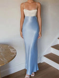 Women Slim Long Dress Adjustable Strap Back Tie-up High Waist Low Cut Contrast Color Dress Wedding Party Club Vestido-Outfit