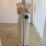 Chic Summer Retro Square Collar Collect Waist Show Thin Loose Versatile Long Sleeveless Jumpsuit Wide Leg Pants Woman-Outfit