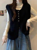 New Solid Color Single-Breasted Buckle Folded Through Leisure College Women's Vest Round Collar Knitting Korean Version Of The Small Fragrant Wind Vest-Outfit
