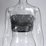 Fongt Nightclub Dresses Fishnet Hollow Out Rhinestone Vest Mesh Flash Diamond Sling Top