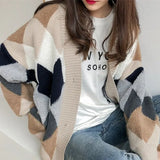 2022 Plaid Chic Cardigans Button Puff Sleeve Checkered Oversized Women's Sweaters Winter Spring Sweater Tops