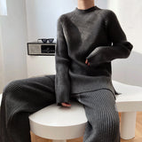 Fongt And Winter Solid Color Round Collar Open Fork Sweater Set Women's Loose Knitting Tops Broad Leg Pants Two Sets