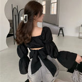 Summer Vintage Women Elegant Casual Blouses Long Sleeve Backless Bow Tops Korean Fashion Sweey Shirts Square Collar-Outfit