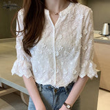 Spring New Stereoscopic Embroidered White Pure Cotton Blouse Floral Short Sleeve Woman's Shirt Fashion Lady's Shirt