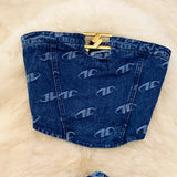 Fongt Suit Female Retro Temperament Breast-Wearing Cowboy Vest Two Sets Of Leisure High-Rise Thin Straight Pants