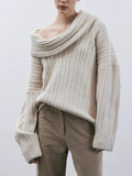 Fongt 2024 New Fashion Trend Irregular One Word Collar Design Sense Loose Casual Sweater Long Sleeved Sweater-Outfit