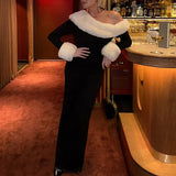 Off-shoulder Black Fur Trim Long Sleeve Maxi Bodycon Dress-Outfit