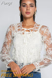 See Through Lace Chiffon Blouse Women Sweet French Square Collar Flower Lace-up Mesh Shirt Loose Long Sleeve Top