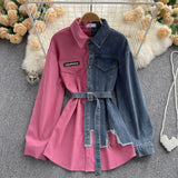 Spliced Corduroy Lapel Dress 2023 Autumn And Winter New Korean Version Waist Shows Thin Irregular Medium Length-Outfit