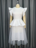 Fongt Wedding Lotus Leaf-Side Dress Light Mesh Splicing Meat Cover Mid-Stolen Dress Dresses