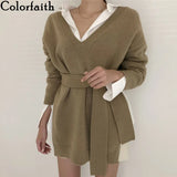 New 2021 Women Autumn Winter Sweaters Knitted Elegant Backwards Irregular Vintage Lace Up Pullovers Short Tops