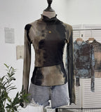 Fongt Shooting Denim Pattern Dye Printing Retro Babes Thin Mesh T-Shirt High-Necked Long Sleeve Bottom Shirt Top 9950