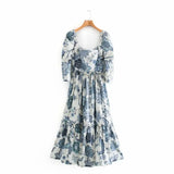 Flower Printing Three Quarter Sleeve Dress Casual Female Square Collar Loose Clothes Lady Vestido