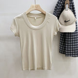 Version Simple Solid Color Threaded U-Collar Short-Sleeved T-Shirt Women Summer New Style Slim Look Thin Pure Desire Hot Girl Blouse Girl-Outfit