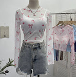 Real Shooting Bow Print Bare Back Net Yarn Sunscreen Long-Sleeved T-Shirt Hottie With Chest Pads Two Short Tops
