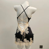 Fongt New Ice Silk Sexy Pajamas Pure High-End Small Breast Hollow Lace Sling Aja Skirt Homewear