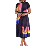 Fongt Large-Size Women's Summer Fashion Temperament Print Short-Sleeved Top Dress Folded Skirt African Suit