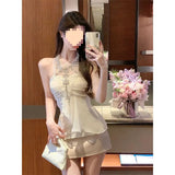 Fongt Women 2025 Summer New Sweet And Spicy Body Quality Hanging Neck Top + High Waist Slim Half Skirt Two-Piece