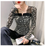 New Arrival Autumn TShirt Women Patched Mesh Square Collar Full Sleeve High Stretch Slim T-shirts Tops-Outfit