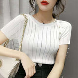 Tee Shirt Femme Knitted Hollow Out T Shirt Button Short Sleeve Tshirt Women 2023 Summer Casual Thin white T-Shirt
