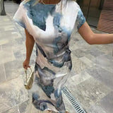 Fongt Women's New Fashion Round Collar A Twill Section Tie-Dye Silk-Stained Texture Dress