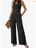 Fongt Women's Summer Two Sets Of Buttons And Two Sets Of Short Vests And Wide-Legged Pants