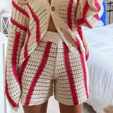 2022 Autumn Knitted Long Sleeve Cardigan Women Red Stripe Loose V Neck Oversized Sweater Tops Fashion Casual