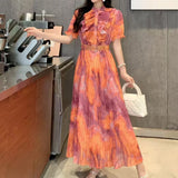 Fongt Design Wood-Like Ear-Side Bubble-Sleeved Dress Women's Waist Thin Temperament Print 100-Fold French Holiday Dress