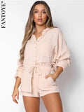 Casual Sporty Two Pieces Sets Women Solid Long Sleeve Blouse And Drawstring Biker Shorts Outfits High Street