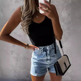 Wsih Hot Style Summer Simple Pure Color Sleeveless V Collar Pit Strip Lady Vest Female-Outfit
