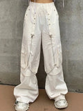 Harajuku Gothic White Cargo Pants With Chain Women Mall Goth Hippie Moda Punk Loose Baggy Oversize Korean Style
