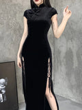 Dark Romantic Gothic Velvet Aesthetic Dresses Vintage Women Black Bandage SlitHem Bodycon Dress Sexy Evening Wear