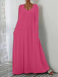 Fongt New Long Dress Casual Loose Short Sleeve Pure Color V Collar Body Size Dress
