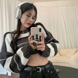 Harajuku Striped Cropped Sweater Women Kpop Hippie Streetwear Oversize Pullover Knitted Tops Korean Style Basic