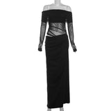 Fongt 2025 New Women's Temperament Sexy Shoulder Mesh Perspective Long Dress Dress Woman