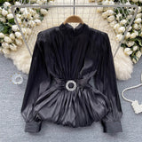 Fongt French-Style Waist-Low-Down Shirt Female Careful Machine Strap Design With A Chic Folded Lotus Leaves Hem French Top