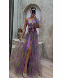 Fongt Women's Explosive Flower Slant Shoulders Big Smash Flower High-End Dress