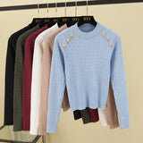 Sleeve O-neck High Quality Sweater Shirts With Decorated Buttons Girls Stretchy Crop Tops Autumn Sweaters Pullovers Women-Outfit