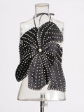 Fongt Hot Girl Designer Autumn 2024 New Hanging Neck Three-Dimensional Flower Nail Bead Pearl Wipe Chest Top-Outfit