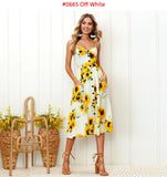 Boho Printed Beach Dress Women Spaghetti Straps Backless Sexy Dresses Female Casual Button Pocket Sleeveless Midi