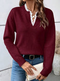 Fongt 2025 New Fashion Lace V-Neck Sweater Solid Color Loose Long-Sleeved Knitwear Shirt