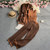 Fongt Suit Female Casual Temperament V Collar Waist Belt Knit Cardigan Jacket Three Piece Set High Waist Wide Leg Pants-Outfit